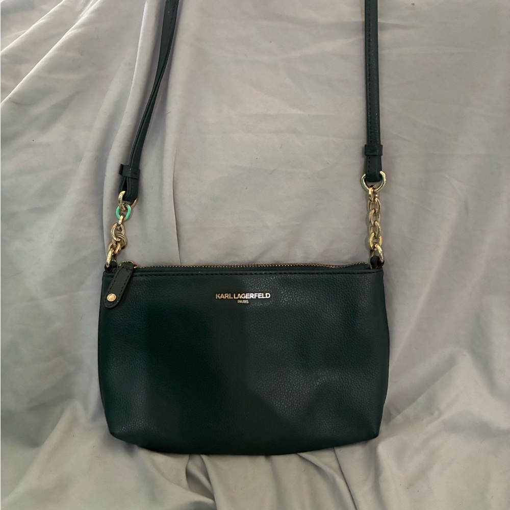 Karl Lagerfeld Black Pebbled Leather Crossbody with Gold Hardware